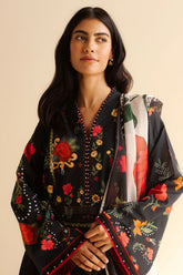 Closeup of black and red floral print on Nyra-5A